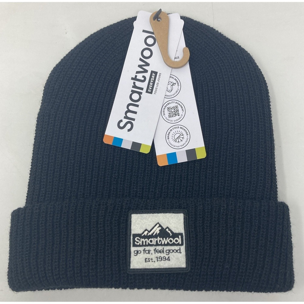 NEW Smartwool Kids SW Patch Beanie BLACK Stretch Merino‎ Wool Wicking Youth L/XL